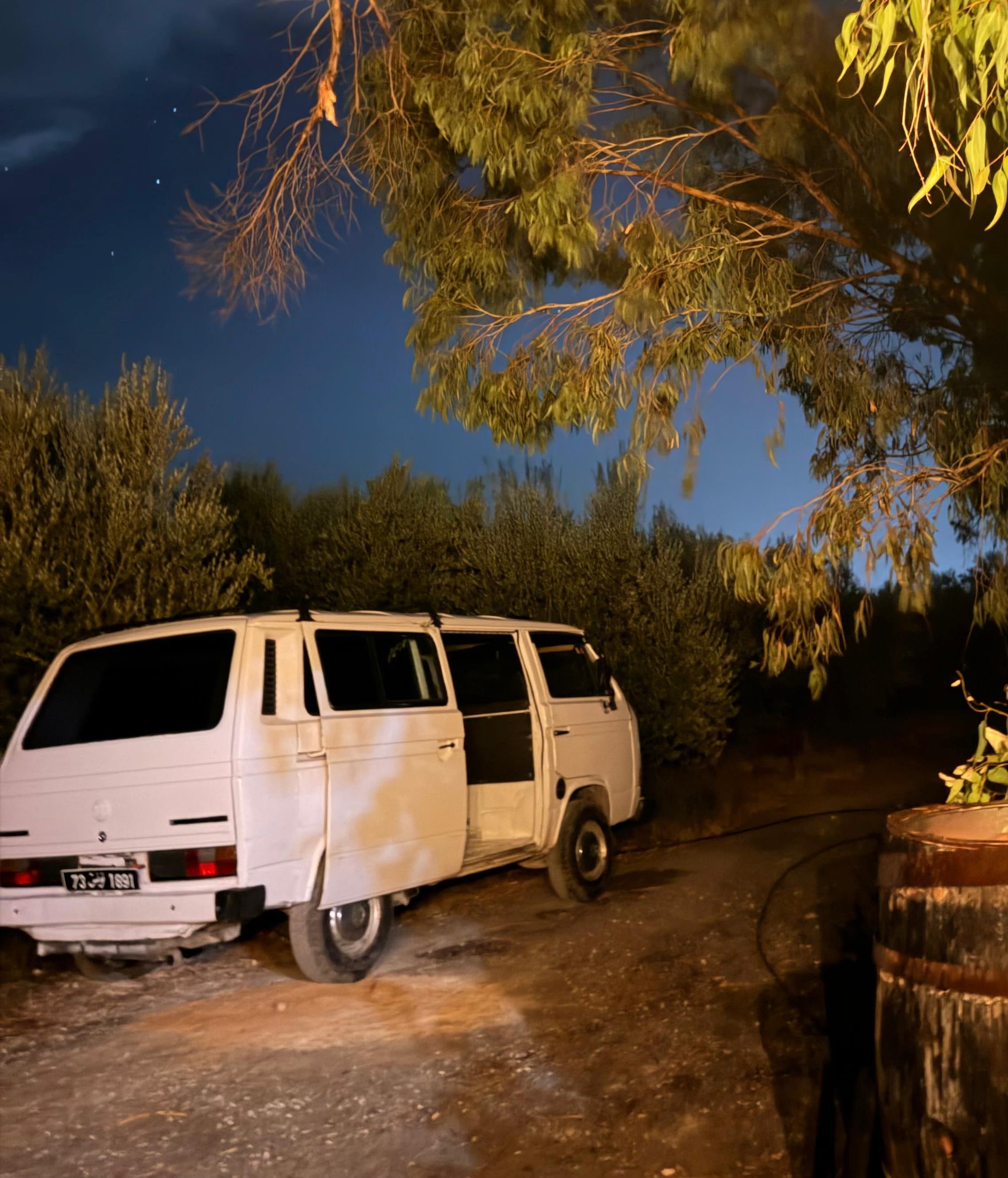 A white camper van parked beneath the trees at Farm El Baya at night